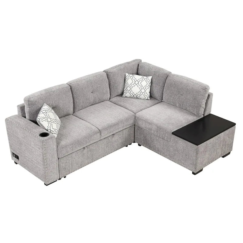 83,8 Zoll ausziehbares L-förmiges Schlafsofa mit Stauraum-Recamiere, USB-Anschlüssen, Steckdosen und Getränkehalter