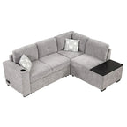 83,8 Zoll ausziehbares L-förmiges Schlafsofa mit Stauraum-Recamiere, USB-Anschlüssen, Steckdosen und Getränkehalter