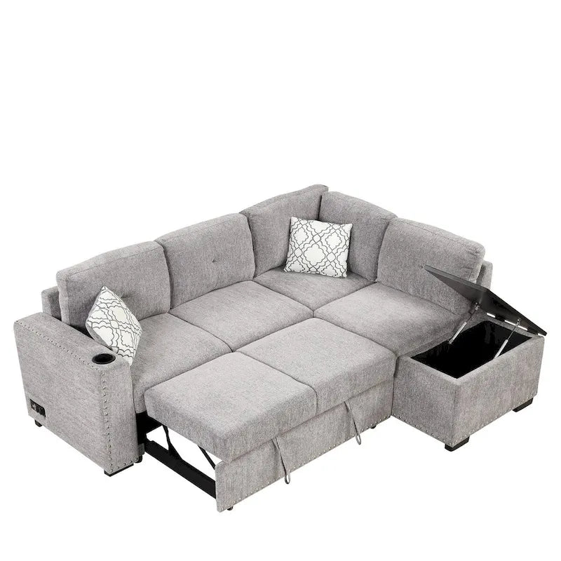 83,8 Zoll ausziehbares L-förmiges Schlafsofa mit Stauraum-Recamiere, USB-Anschlüssen, Steckdosen und Getränkehalter