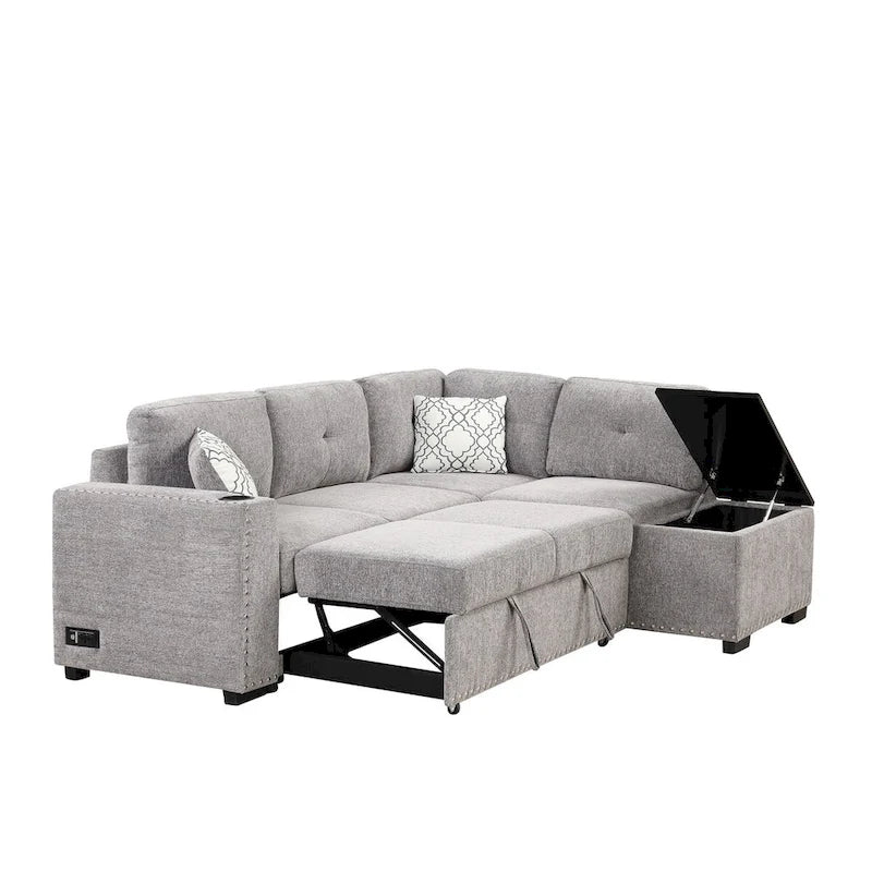 83,8 Zoll ausziehbares L-förmiges Schlafsofa mit Stauraum-Recamiere, USB-Anschlüssen, Steckdosen und Getränkehalter