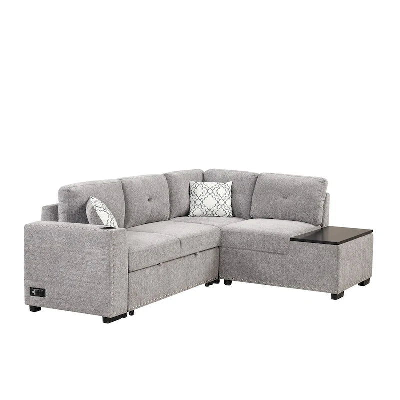 83,8 Zoll ausziehbares L-förmiges Schlafsofa mit Stauraum-Recamiere, USB-Anschlüssen, Steckdosen und Getränkehalter