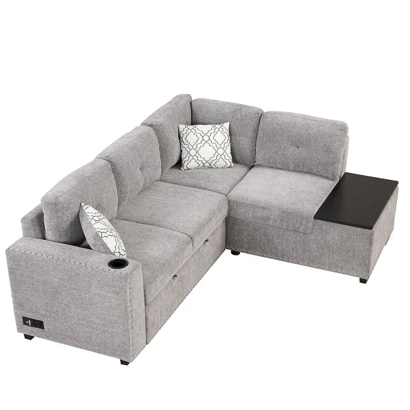 83,8 Zoll ausziehbares L-förmiges Schlafsofa mit Stauraum-Recamiere, USB-Anschlüssen, Steckdosen und Getränkehalter