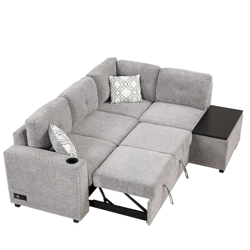 83,8 Zoll ausziehbares L-förmiges Schlafsofa mit Stauraum-Recamiere, USB-Anschlüssen, Steckdosen und Getränkehalter