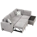 83,8 Zoll ausziehbares L-förmiges Schlafsofa mit Stauraum-Recamiere, USB-Anschlüssen, Steckdosen und Getränkehalter