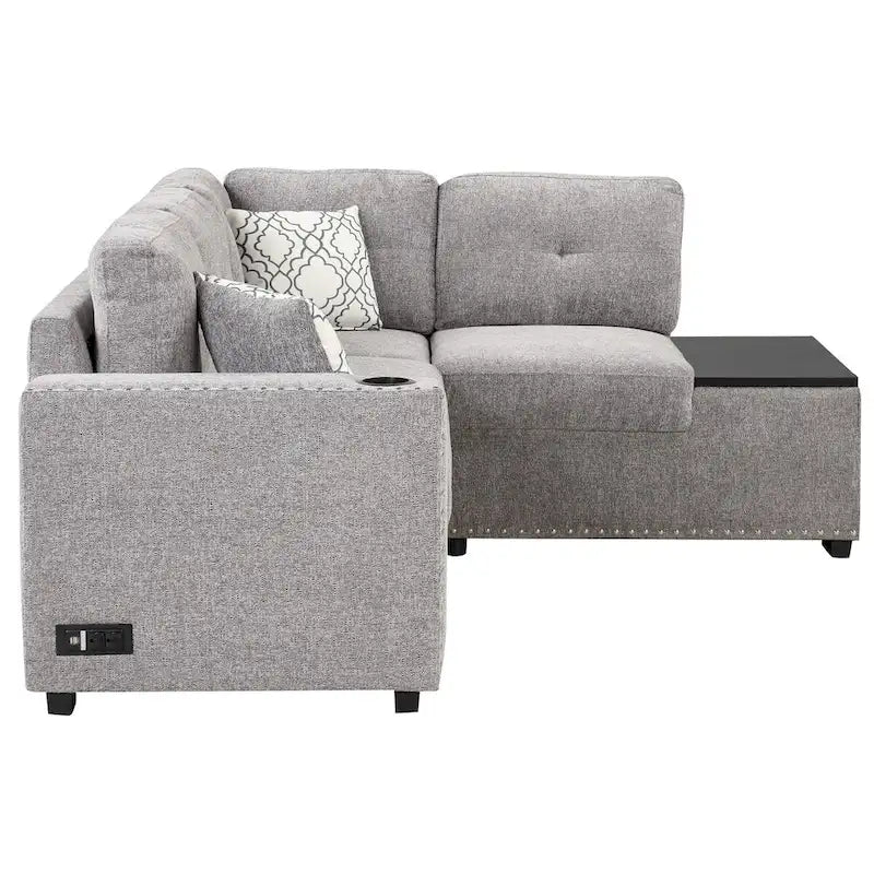83,8 Zoll ausziehbares L-förmiges Schlafsofa mit Stauraum-Recamiere, USB-Anschlüssen, Steckdosen und Getränkehalter