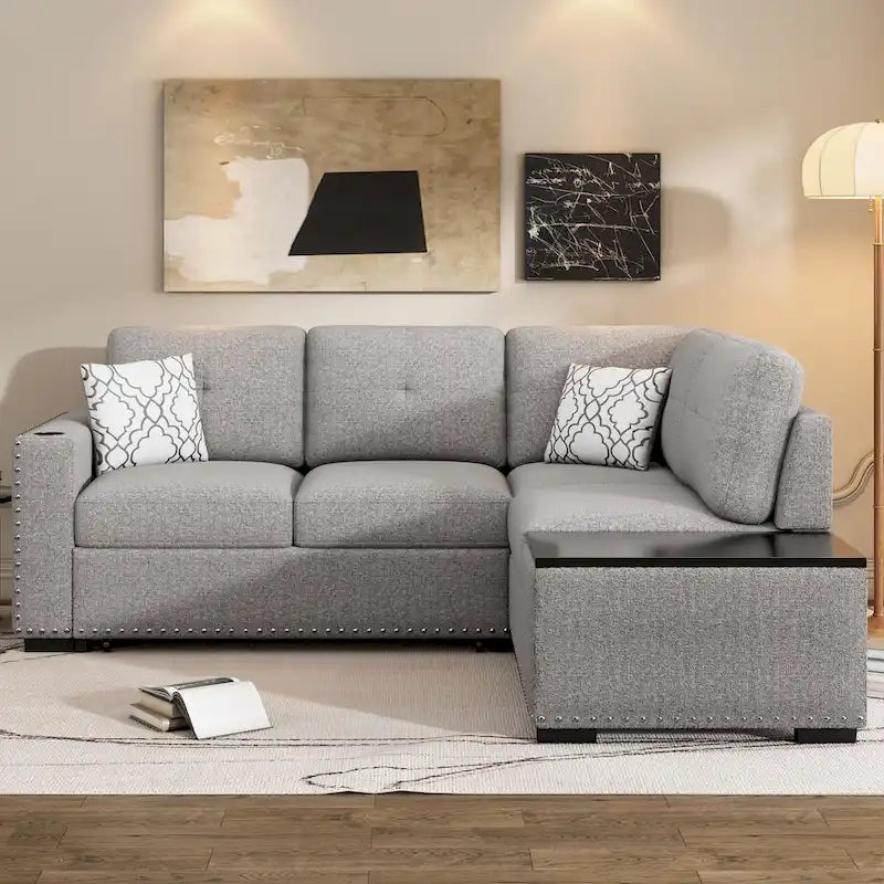 83,8 Zoll ausziehbares L-förmiges Schlafsofa mit Stauraum-Recamiere, USB-Anschlüssen, Steckdosen und Getränkehalter