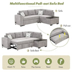 83,8 Zoll ausziehbares L-förmiges Schlafsofa mit Stauraum-Recamiere, USB-Anschlüssen, Steckdosen und Getränkehalter