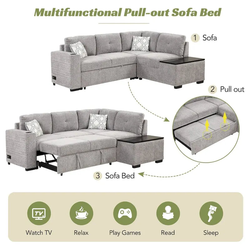 83,8 Zoll ausziehbares L-förmiges Schlafsofa mit Stauraum-Recamiere, USB-Anschlüssen, Steckdosen und Getränkehalter