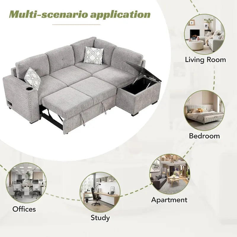 83,8 Zoll ausziehbares L-förmiges Schlafsofa mit Stauraum-Recamiere, USB-Anschlüssen, Steckdosen und Getränkehalter