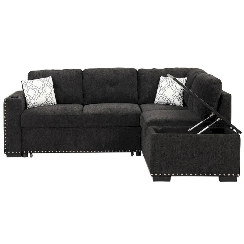 83,8 Zoll ausziehbares L-förmiges Schlafsofa mit Stauraum-Recamiere, USB-Anschlüssen, Steckdosen und Getränkehalter