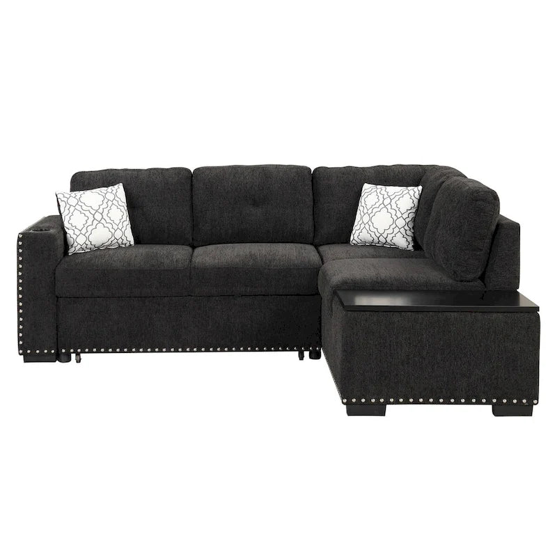 83,8 Zoll ausziehbares L-förmiges Schlafsofa mit Stauraum-Recamiere, USB-Anschlüssen, Steckdosen und Getränkehalter