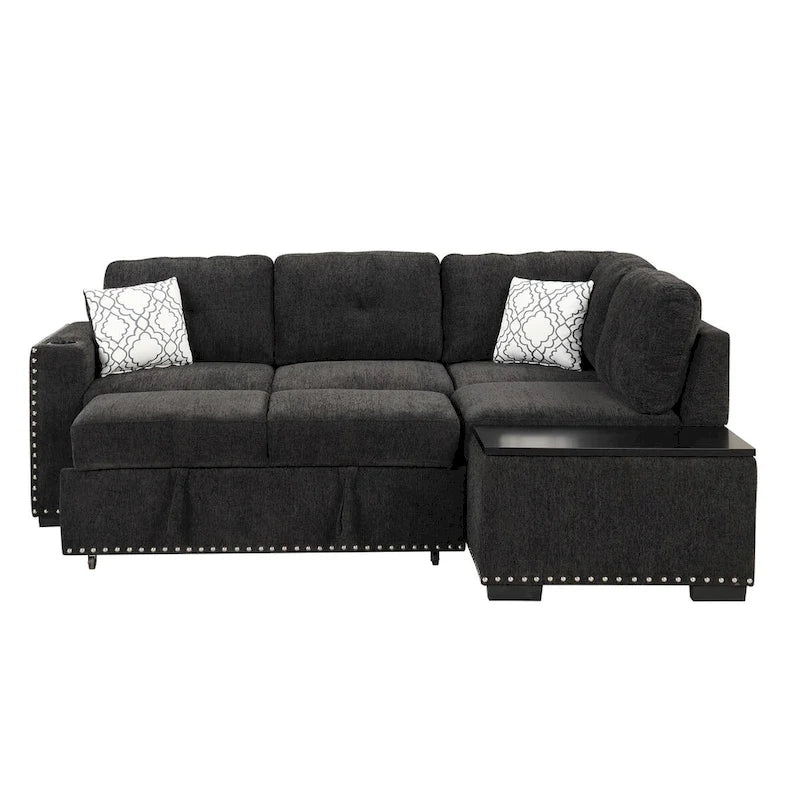 83,8 Zoll ausziehbares L-förmiges Schlafsofa mit Stauraum-Recamiere, USB-Anschlüssen, Steckdosen und Getränkehalter