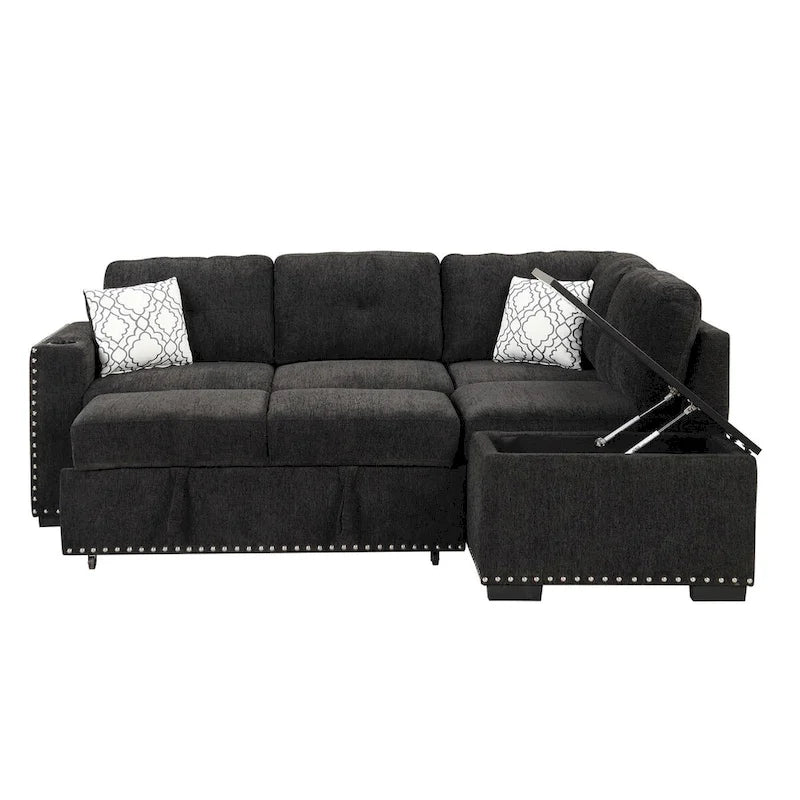 83,8 Zoll ausziehbares L-förmiges Schlafsofa mit Stauraum-Recamiere, USB-Anschlüssen, Steckdosen und Getränkehalter