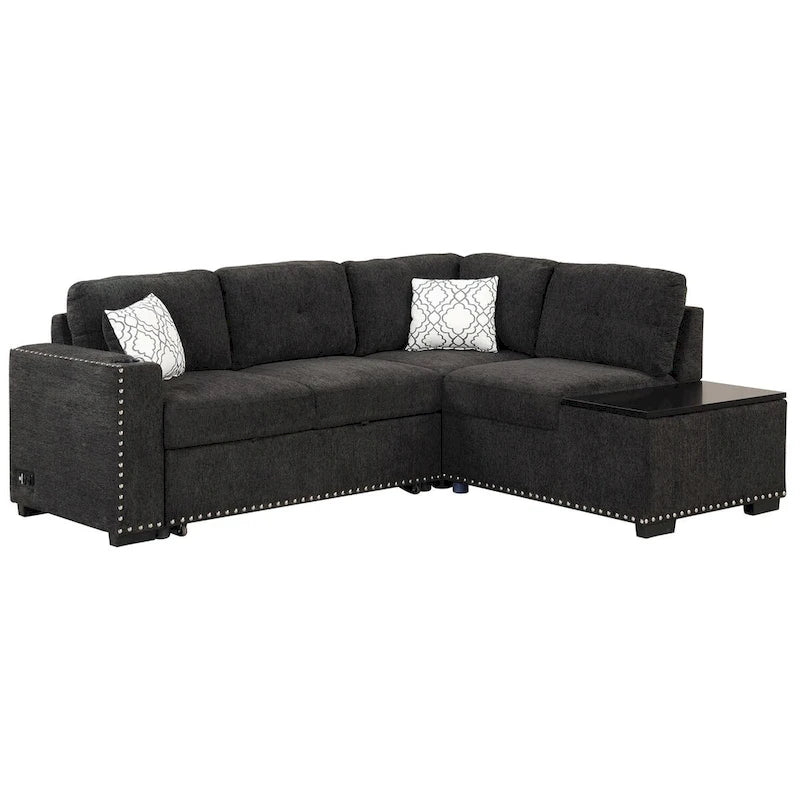 83,8 Zoll ausziehbares L-förmiges Schlafsofa mit Stauraum-Recamiere, USB-Anschlüssen, Steckdosen und Getränkehalter