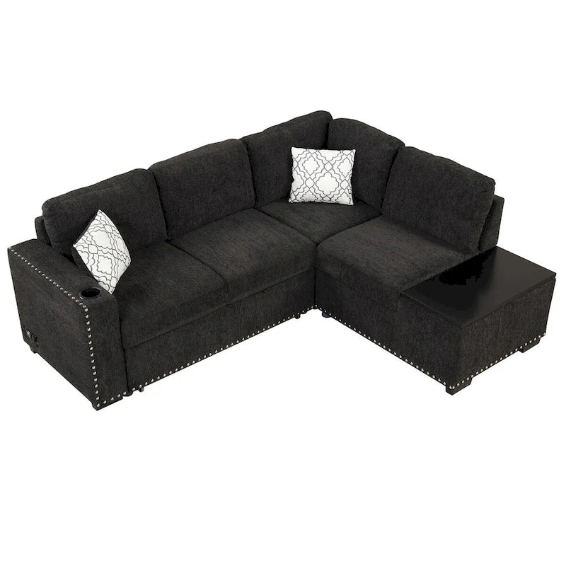 83,8 Zoll ausziehbares L-förmiges Schlafsofa mit Stauraum-Recamiere, USB-Anschlüssen, Steckdosen und Getränkehalter