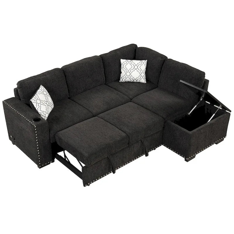 83,8 Zoll ausziehbares L-förmiges Schlafsofa mit Stauraum-Recamiere, USB-Anschlüssen, Steckdosen und Getränkehalter
