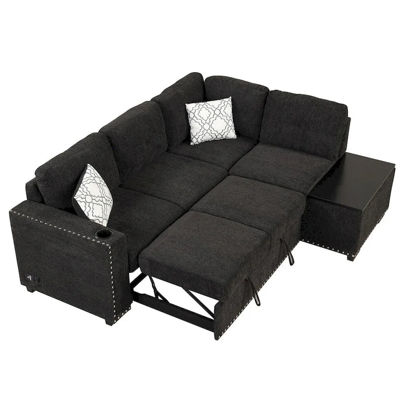 83,8 Zoll ausziehbares L-förmiges Schlafsofa mit Stauraum-Recamiere, USB-Anschlüssen, Steckdosen und Getränkehalter