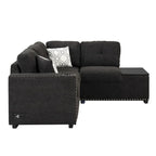 83,8 Zoll ausziehbares L-förmiges Schlafsofa mit Stauraum-Recamiere, USB-Anschlüssen, Steckdosen und Getränkehalter