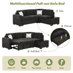 83,8 Zoll ausziehbares L-förmiges Schlafsofa mit Stauraum-Recamiere, USB-Anschlüssen, Steckdosen und Getränkehalter