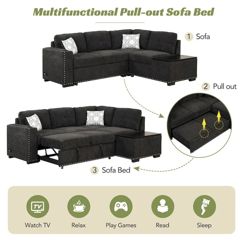 83,8 Zoll ausziehbares L-förmiges Schlafsofa mit Stauraum-Recamiere, USB-Anschlüssen, Steckdosen und Getränkehalter