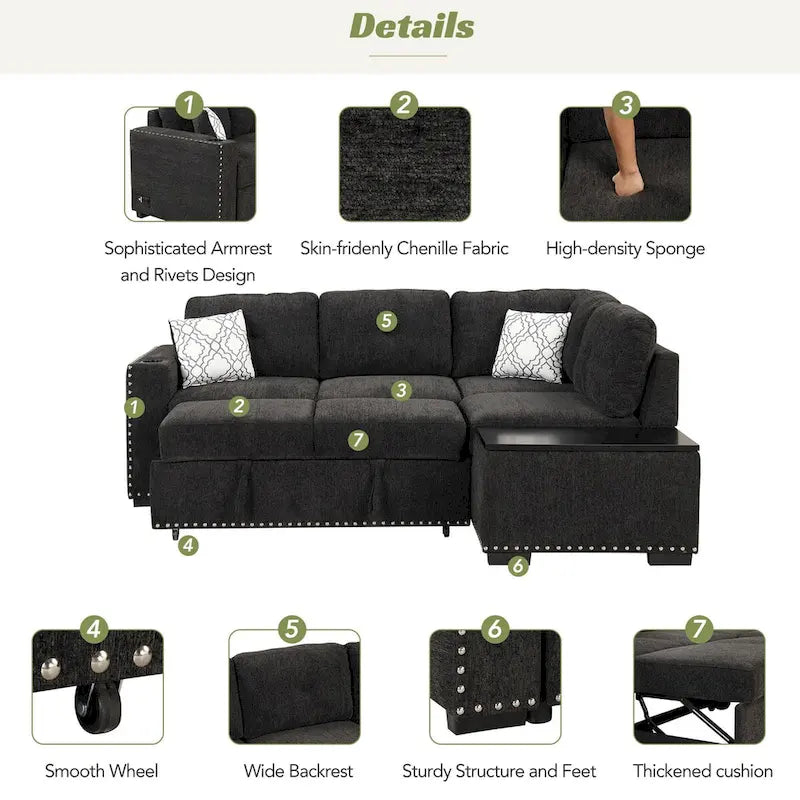 83,8 Zoll ausziehbares L-förmiges Schlafsofa mit Stauraum-Recamiere, USB-Anschlüssen, Steckdosen und Getränkehalter