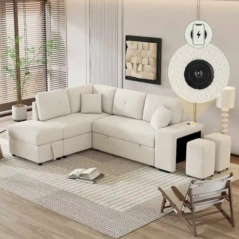 Schnittsofa mit Ausziehfunktion und Stauraum-Ottomane, umwandelbares Schlafsofa für das Wohnzimmer