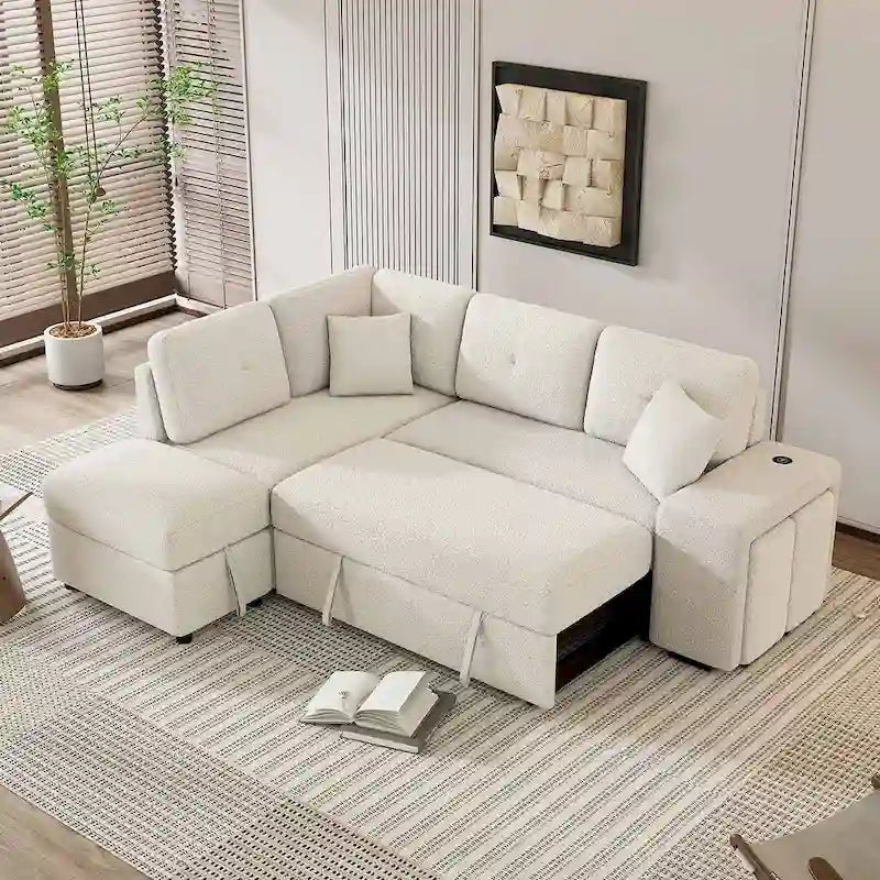 Schnittsofa mit Ausziehfunktion und Stauraum-Ottomane, umwandelbares Schlafsofa für das Wohnzimmer