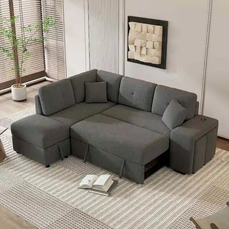 Schnittsofa mit Ausziehfunktion und Stauraum-Ottomane, umwandelbares Schlafsofa für das Wohnzimmer