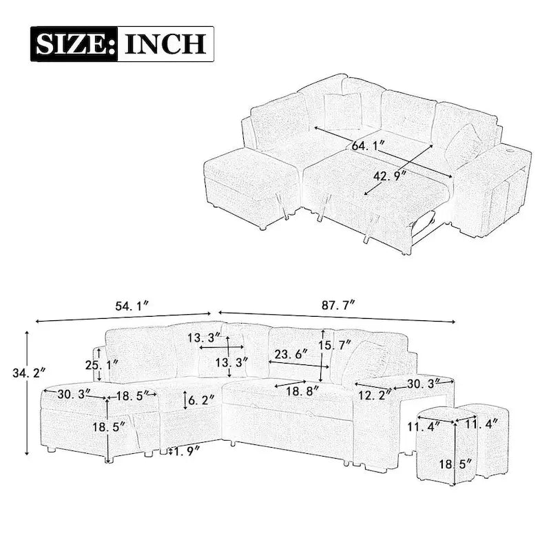 Schnittsofa mit Ausziehfunktion und Stauraum-Ottomane, umwandelbares Schlafsofa für das Wohnzimmer
