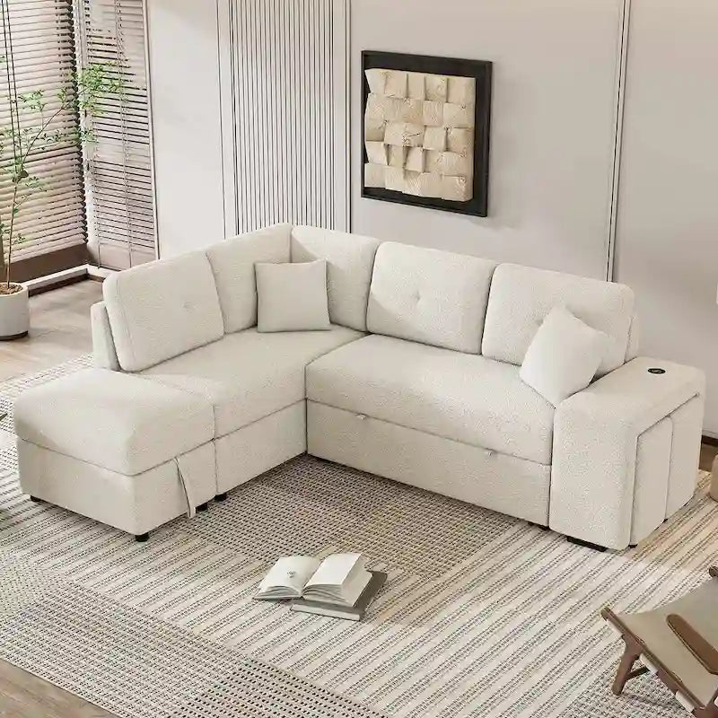 Schnittsofa mit Ausziehfunktion und Stauraum-Ottomane, umwandelbares Schlafsofa für das Wohnzimmer