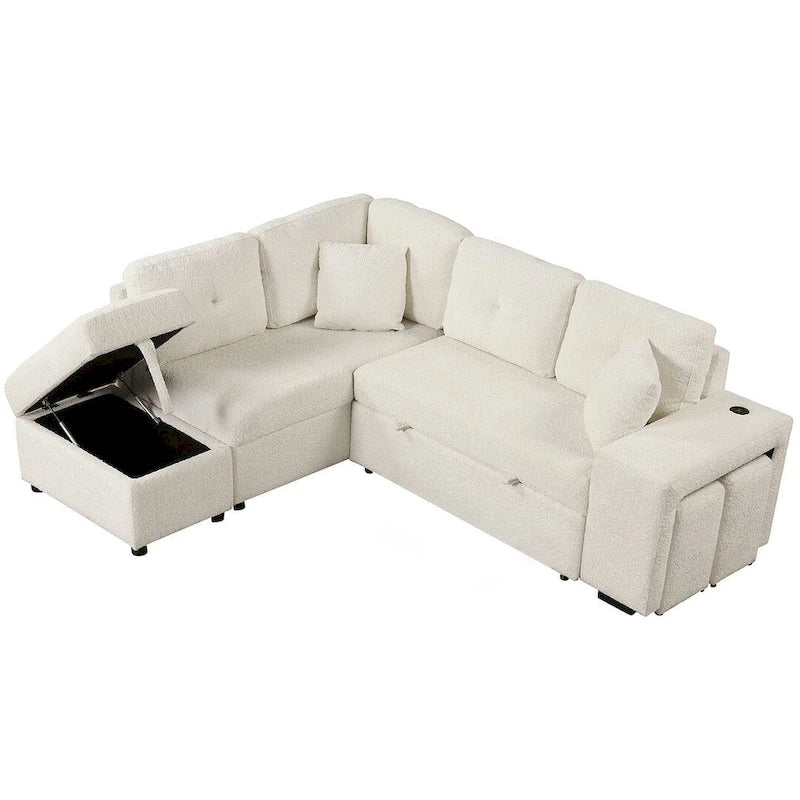 Schnittsofa mit Ausziehfunktion und Stauraum-Ottomane, umwandelbares Schlafsofa für das Wohnzimmer