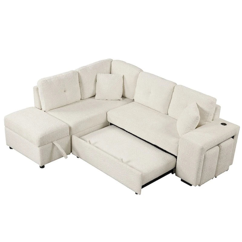 Schnittsofa mit Ausziehfunktion und Stauraum-Ottomane, umwandelbares Schlafsofa für das Wohnzimmer