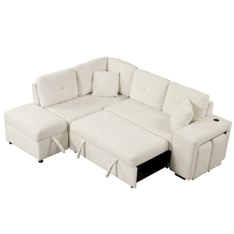 Schnittsofa mit Ausziehfunktion und Stauraum-Ottomane, umwandelbares Schlafsofa für das Wohnzimmer