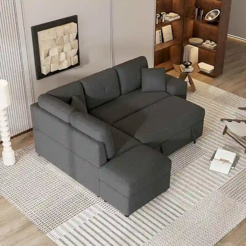 Schnittsofa mit Ausziehfunktion und Stauraum-Ottomane, umwandelbares Schlafsofa für das Wohnzimmer