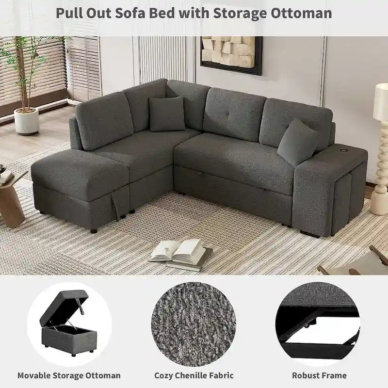 Schnittsofa mit Ausziehfunktion und Stauraum-Ottomane, umwandelbares Schlafsofa für das Wohnzimmer