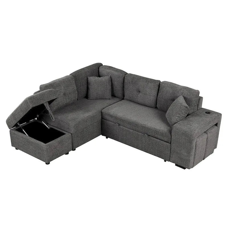 Schnittsofa mit Ausziehfunktion und Stauraum-Ottomane, umwandelbares Schlafsofa für das Wohnzimmer