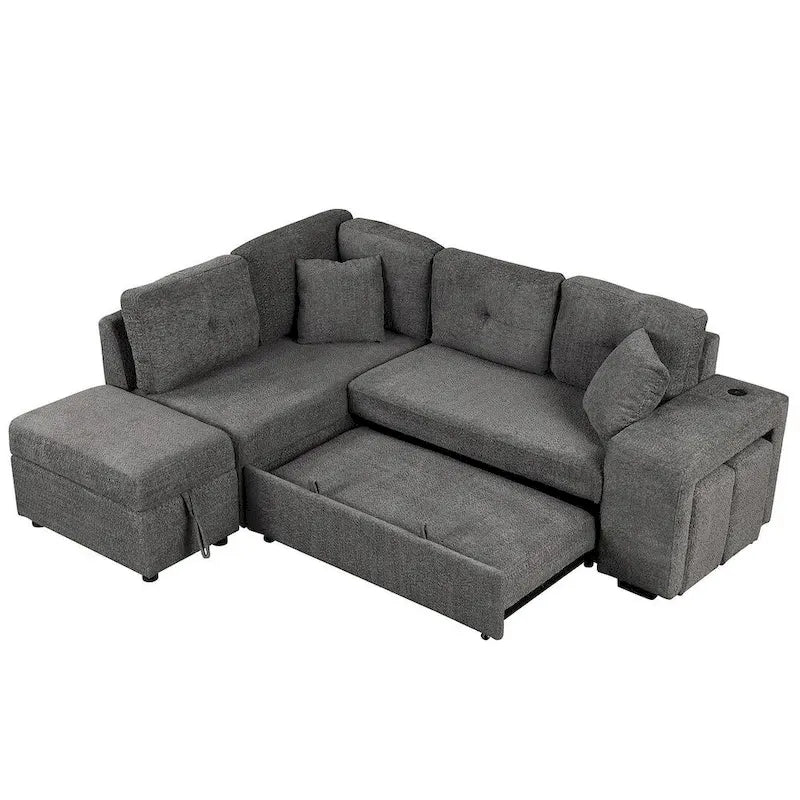 Schnittsofa mit Ausziehfunktion und Stauraum-Ottomane, umwandelbares Schlafsofa für das Wohnzimmer