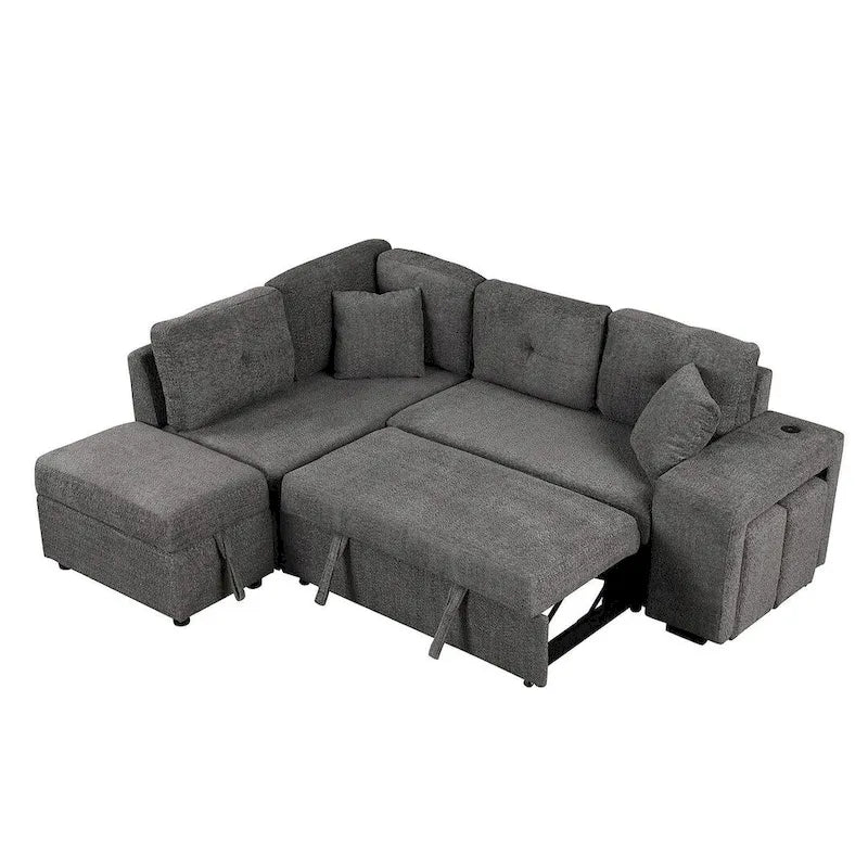 Schnittsofa mit Ausziehfunktion und Stauraum-Ottomane, umwandelbares Schlafsofa für das Wohnzimmer