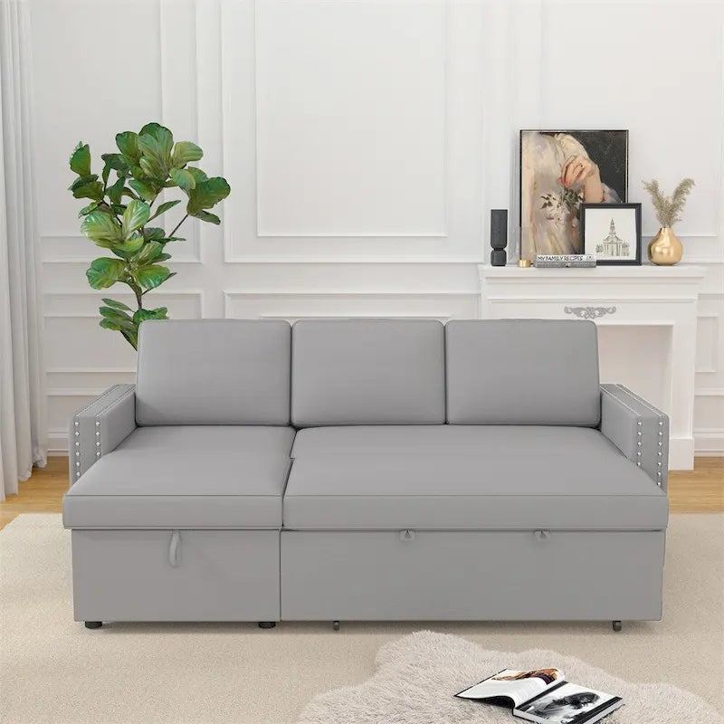 85 3-Sitzer Schlafsofa mit Stauraum-Recamiere, Ausziehfunktion und Kupfernieten