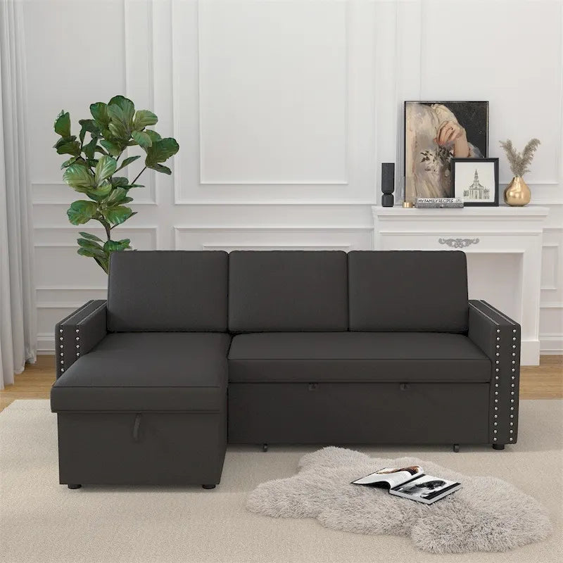 85 3-Sitzer Schlafsofa mit Stauraum-Recamiere, Ausziehfunktion und Kupfernieten