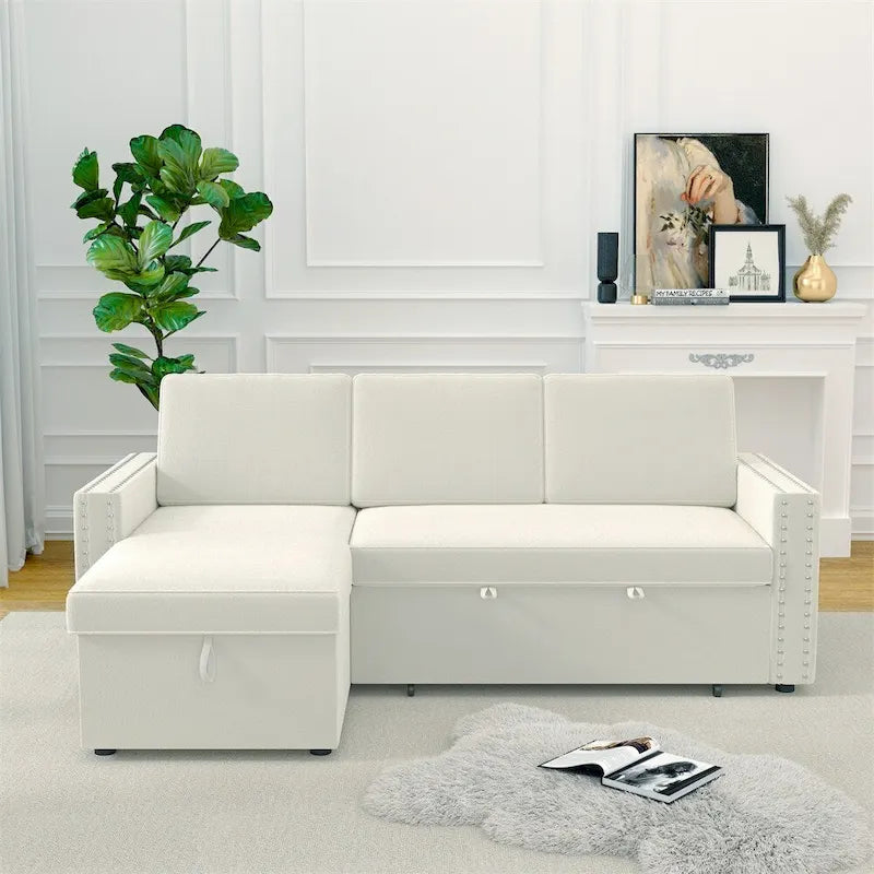 85 3-Sitzer Schlafsofa mit Stauraum-Recamiere, Ausziehfunktion und Kupfernieten