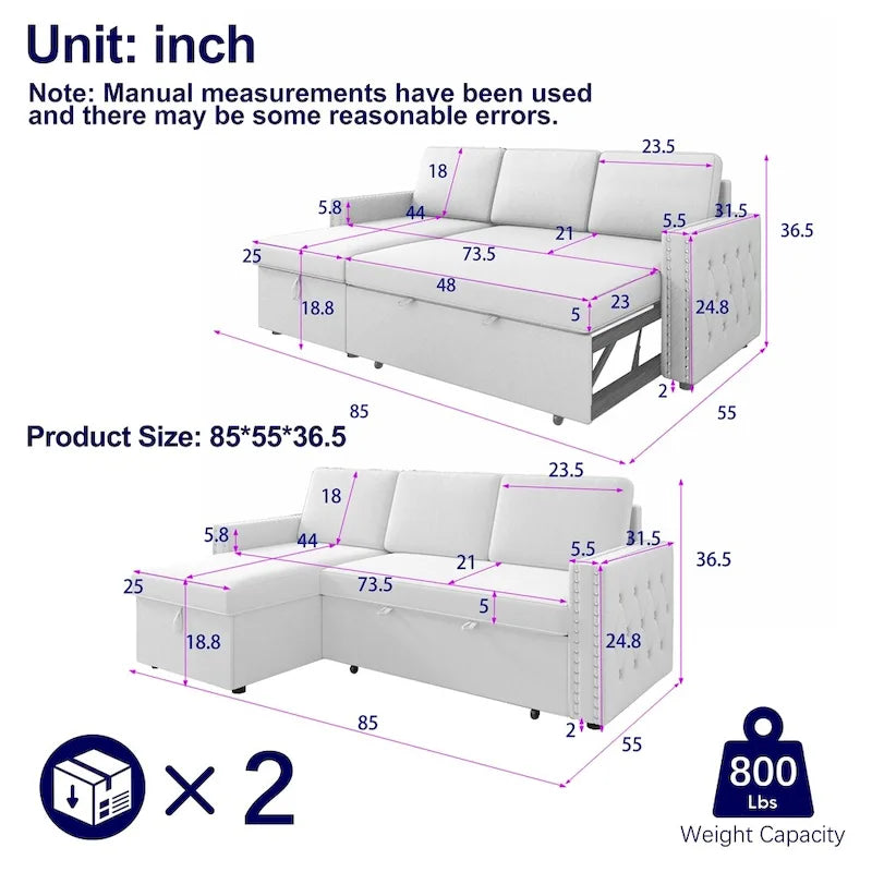 85 3-Sitzer Schlafsofa mit Stauraum-Recamiere, Ausziehfunktion und Kupfernieten