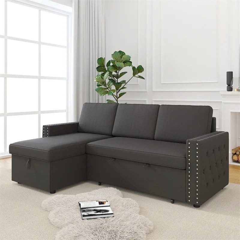 85 3-Sitzer Schlafsofa mit Stauraum-Recamiere, Ausziehfunktion und Kupfernieten