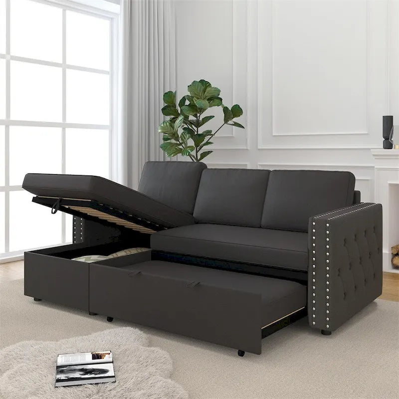 85 3-Sitzer Schlafsofa mit Stauraum-Recamiere, Ausziehfunktion und Kupfernieten