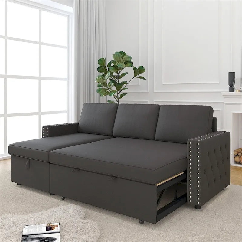 85 3-Sitzer Schlafsofa mit Stauraum-Recamiere, Ausziehfunktion und Kupfernieten