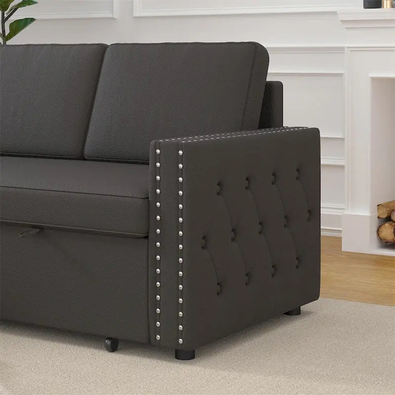 85 3-Sitzer Schlafsofa mit Stauraum-Recamiere, Ausziehfunktion und Kupfernieten