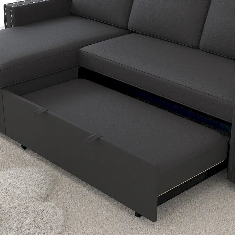 85 3-Sitzer Schlafsofa mit Stauraum-Recamiere, Ausziehfunktion und Kupfernieten