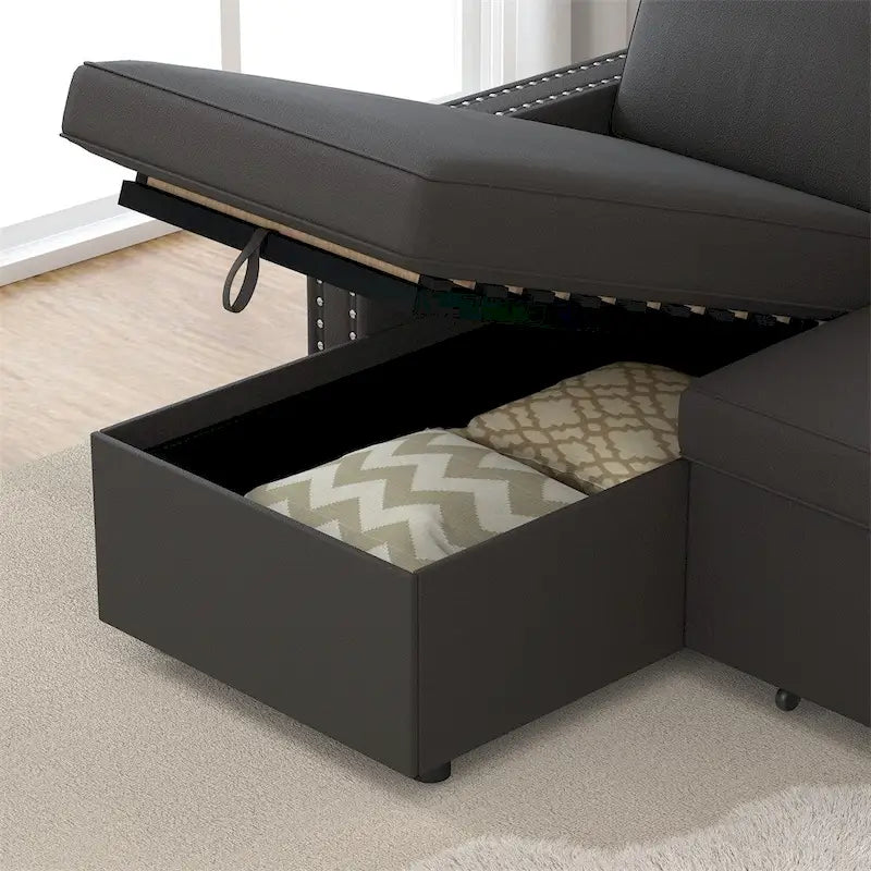 85 3-Sitzer Schlafsofa mit Stauraum-Recamiere, Ausziehfunktion und Kupfernieten