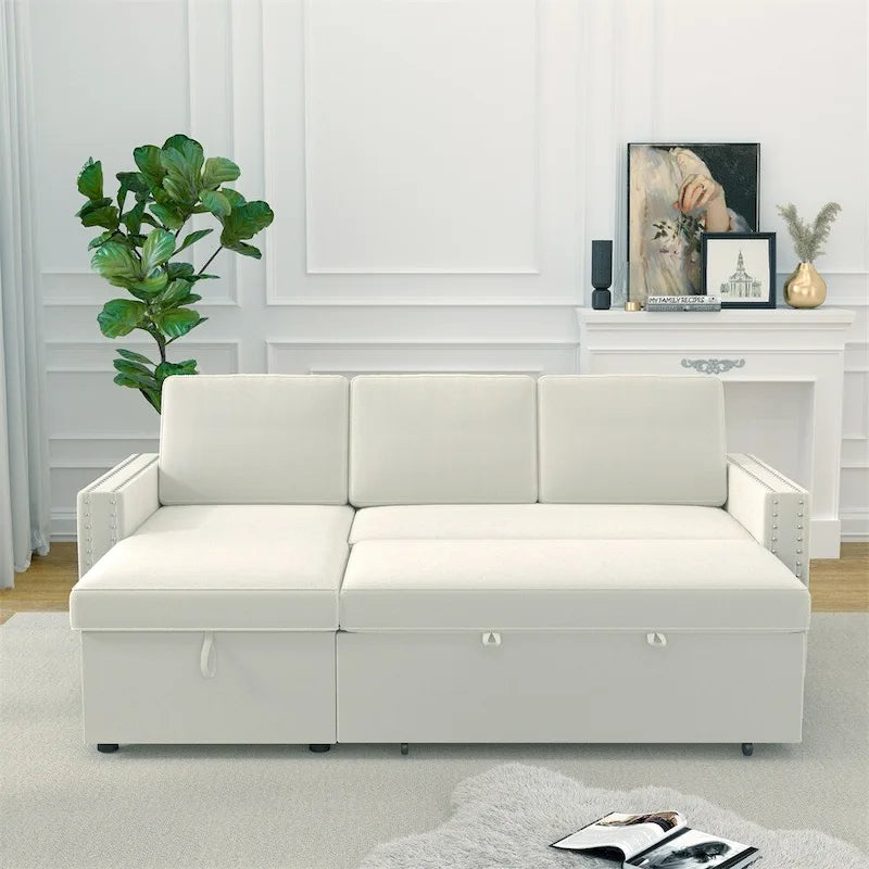 85 3-Sitzer Schlafsofa mit Stauraum-Recamiere, Ausziehfunktion und Kupfernieten