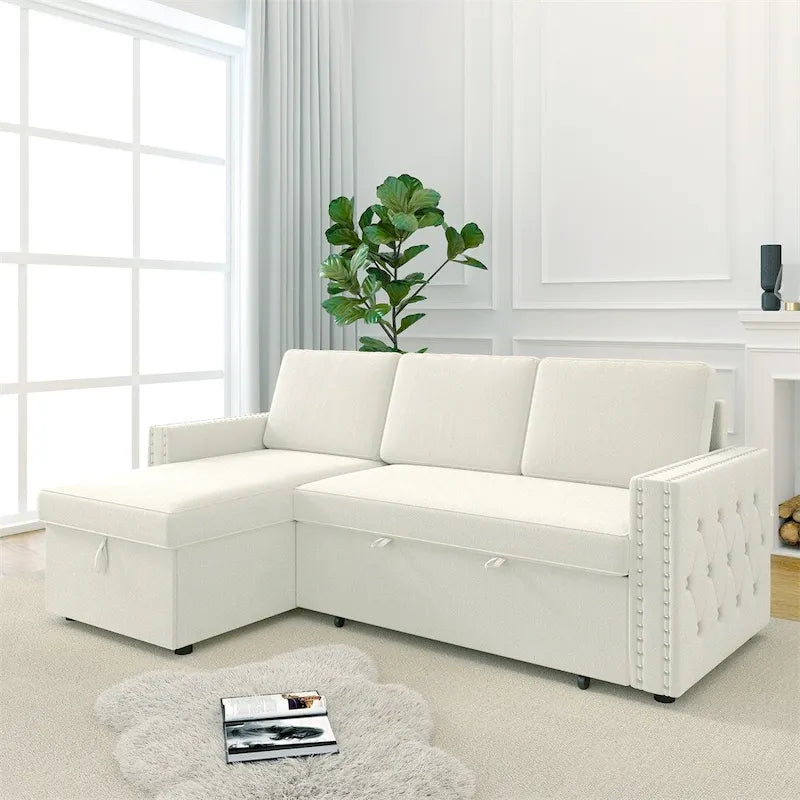 85 3-Sitzer Schlafsofa mit Stauraum-Recamiere, Ausziehfunktion und Kupfernieten